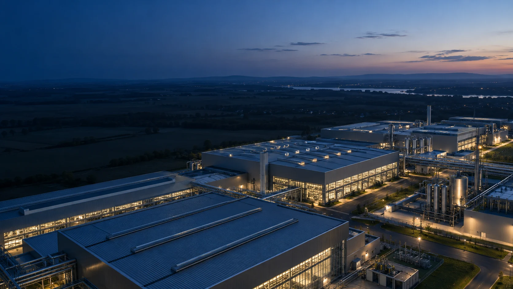 Moderner Industriecampus bei Dämmerung